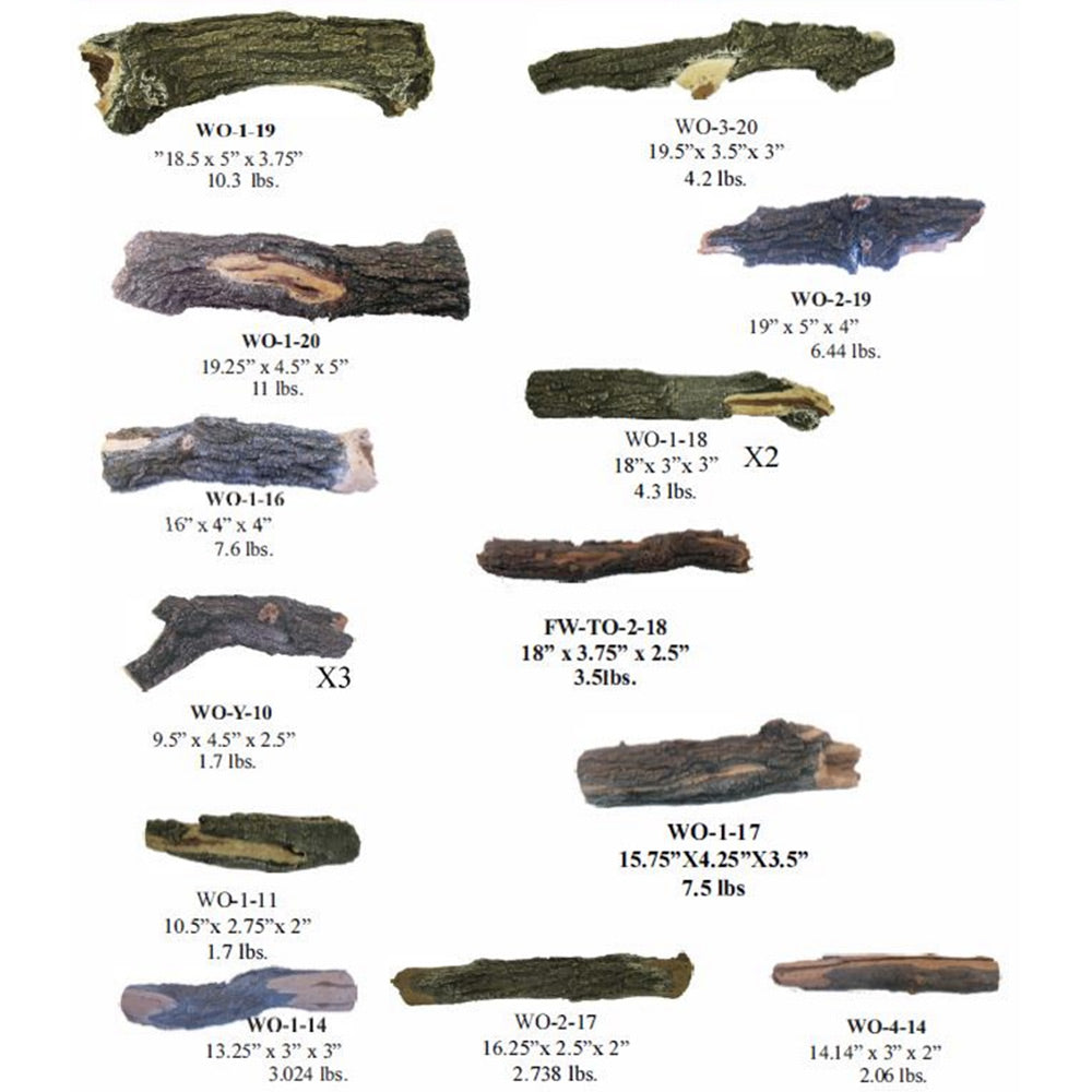 Fire pit log set size guide showing multiple log piece shapes and measurements