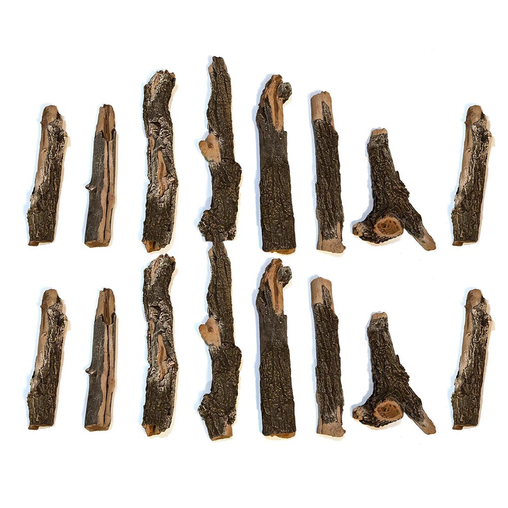 Weathered oak fire pit log set, 16 faux log pieces arranged on a white background