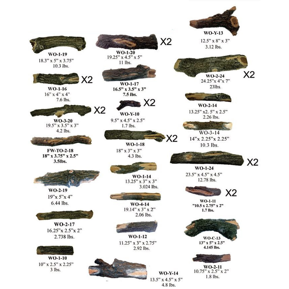 Fire pit log set assortment of faux logs with numbered size labels (31-piece)