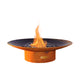 Gas fire pit with flame in a round bowl and orange burner ring