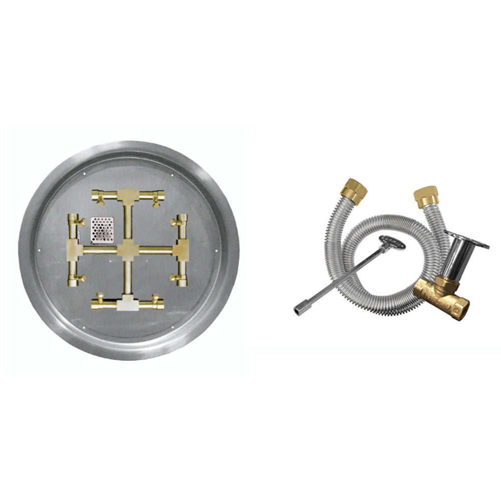 Gas fire pit burner kit with round drop-in pan, brass burner grid, and brass ignition tubing