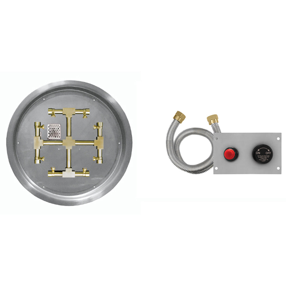 Gas fire pit burner kit with round drop-in pan, brass manifold, and flame sensing switch