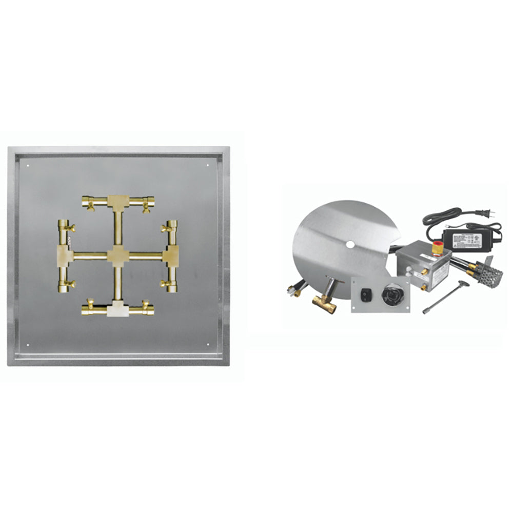 Firegear gas fire pit burner kit with square pan, brass manifold, electronic ignition parts