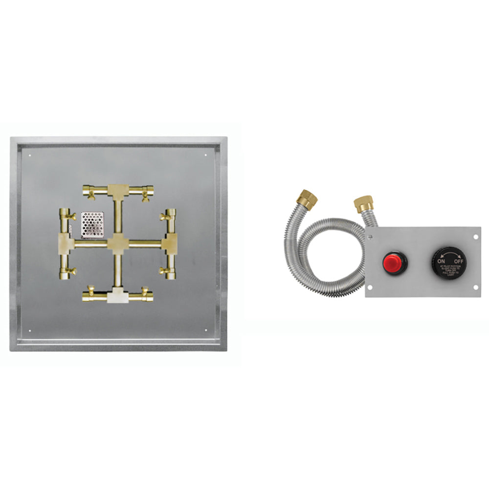Gas fire pit burner kit with brass manifold, ignition module, flexible hose