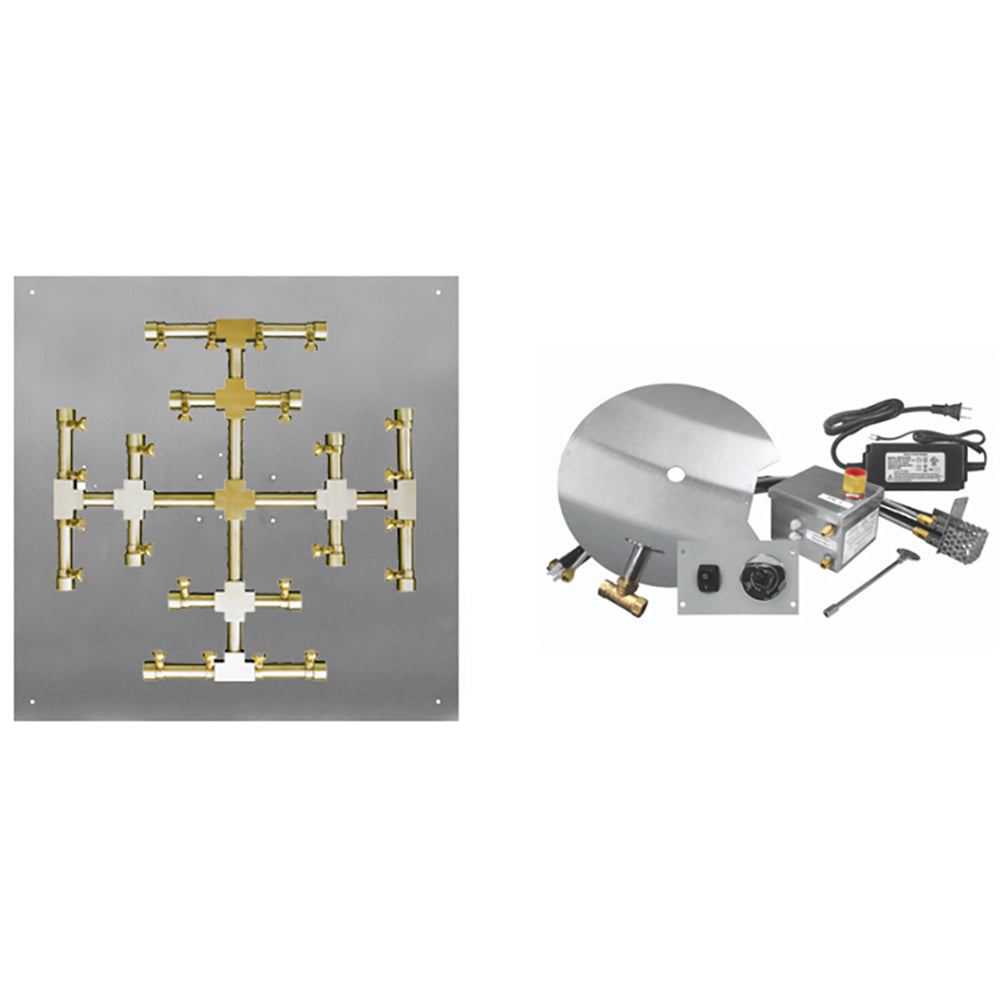 Gas fire pit burner kit with brass valve manifold and electronic ignition components