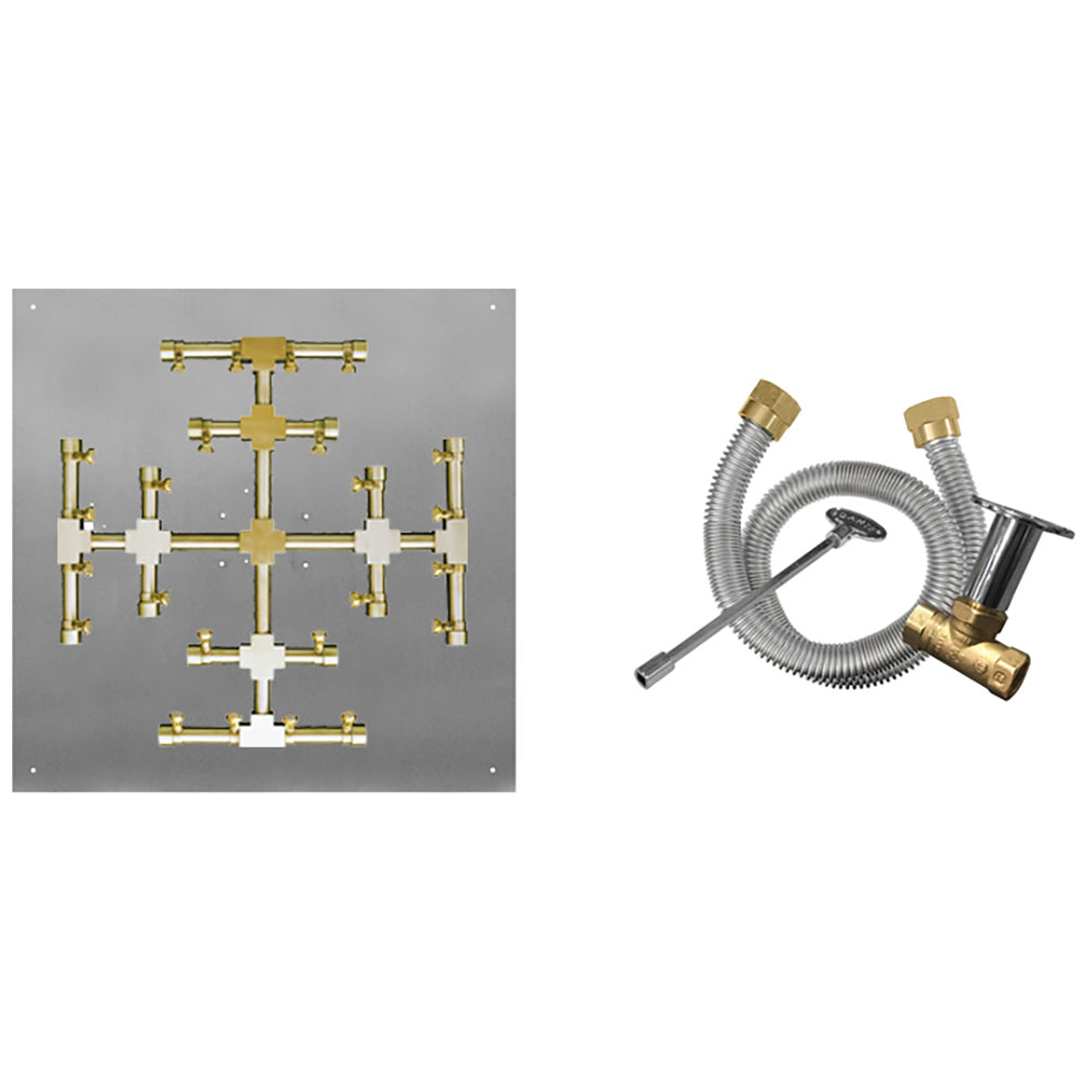 Brass gas fire pit burner manifold plate with fittings and ignition tubing
