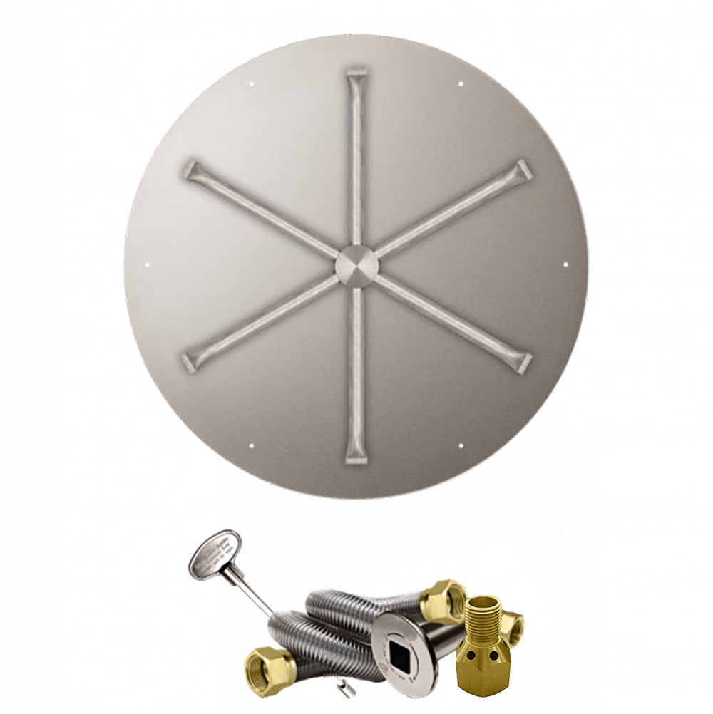 Stainless steel round gas burner pan with cross-spoke head and brass valve fittings
