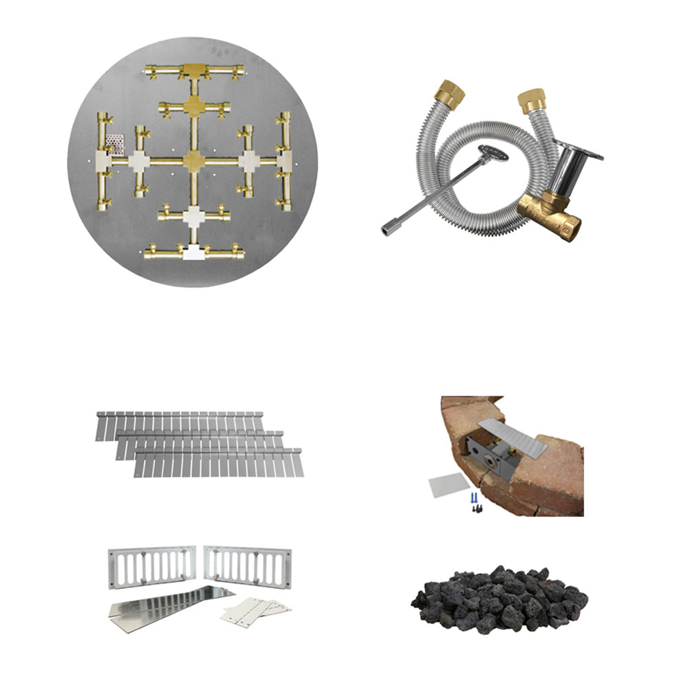 Round burner pipe manifold and match-light hose kit with paver-block flat pan parts