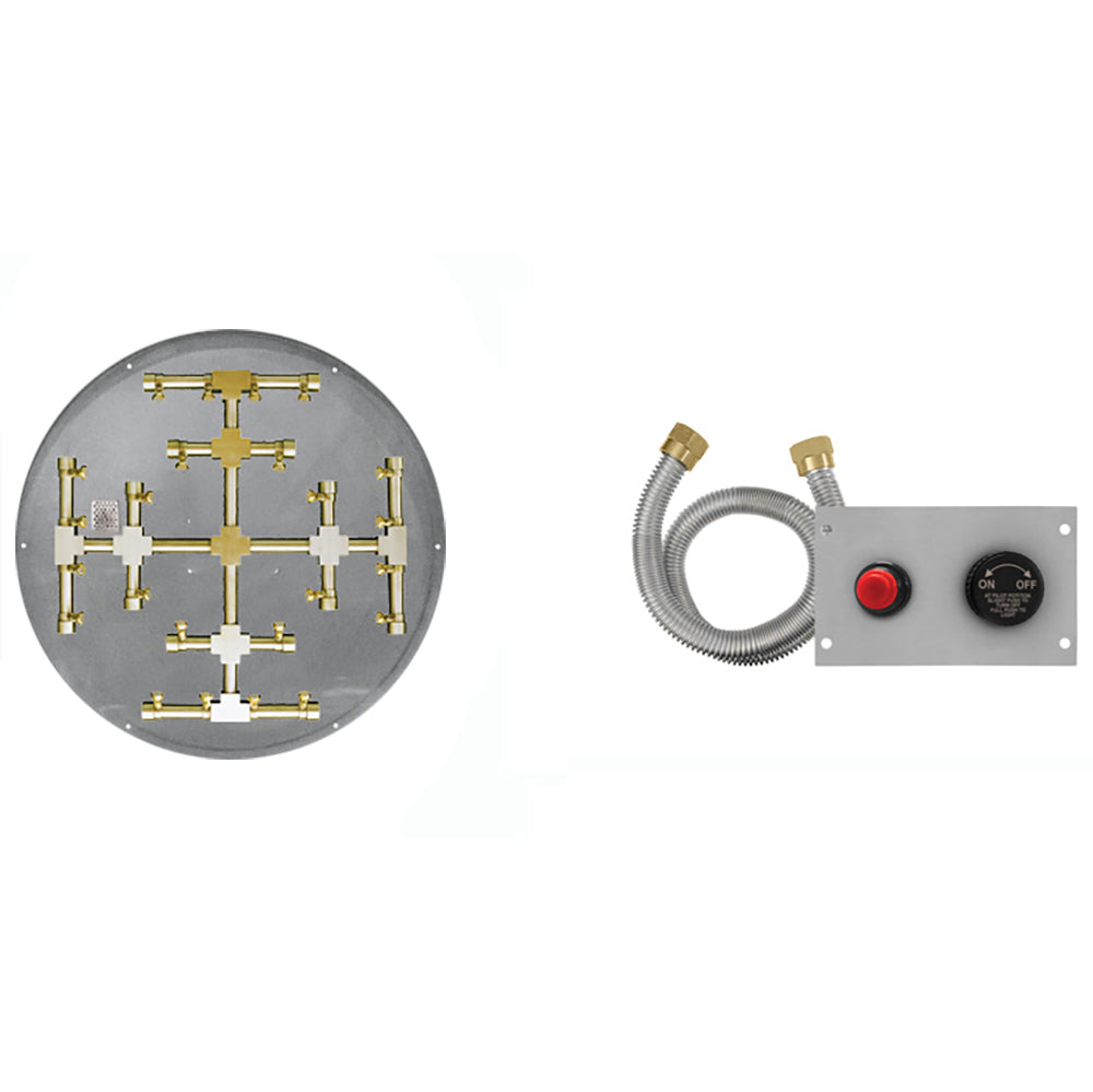 Firegear FPB-DPSSF-TPSI Flame Sensing Spark Ignition Gas Fire Pit Burner Kit with Round Flat Pan & Brass Burning Snowflake