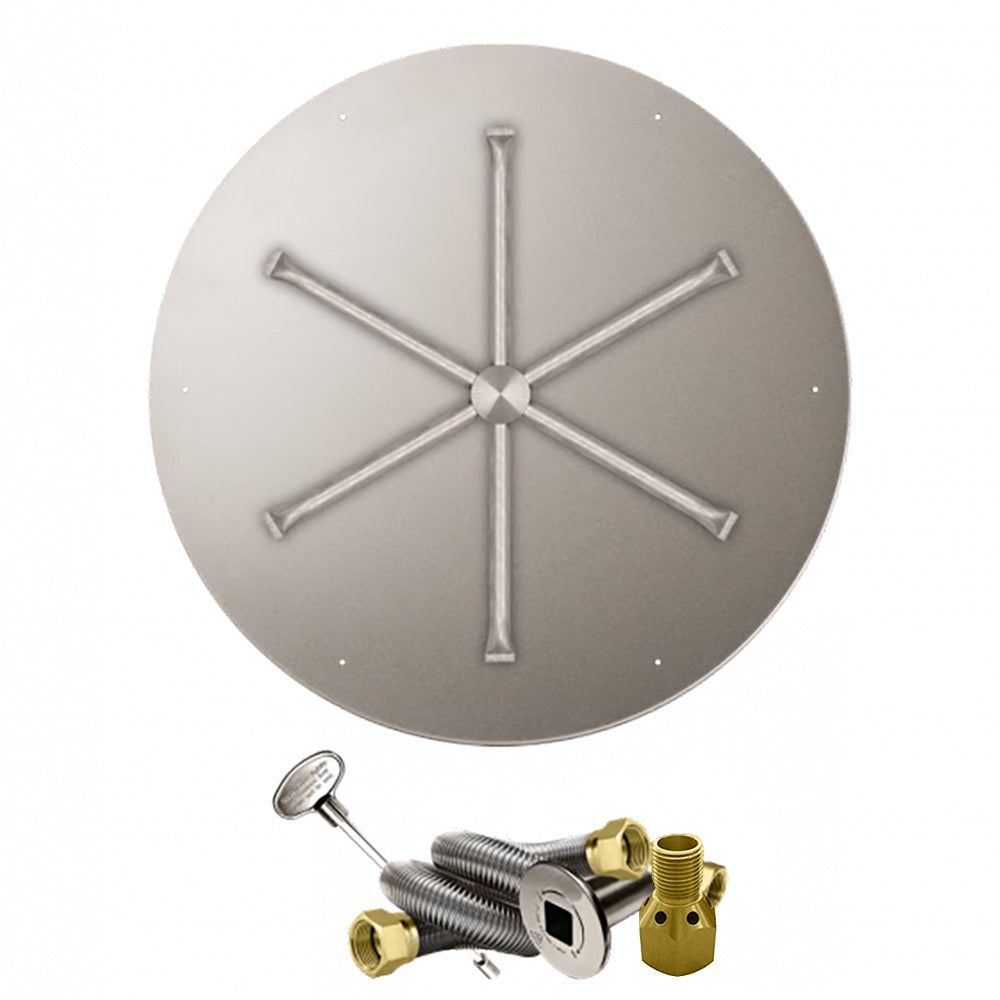 Round stainless steel gas fire pit burner pan with cross-shaped spurs and valve parts