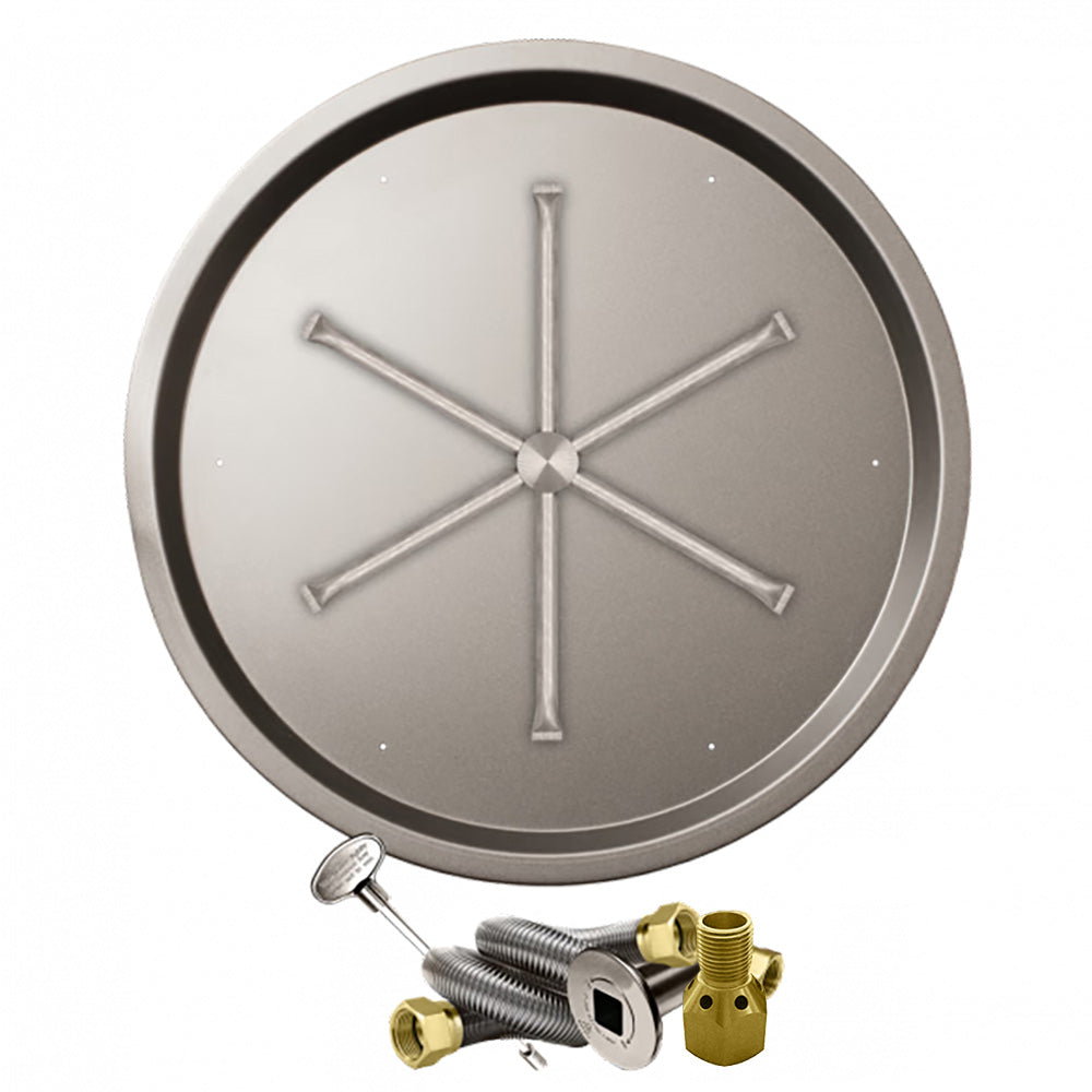 Gas fire pit burner kit with round drop pan, radial flame ports, and brass fittings