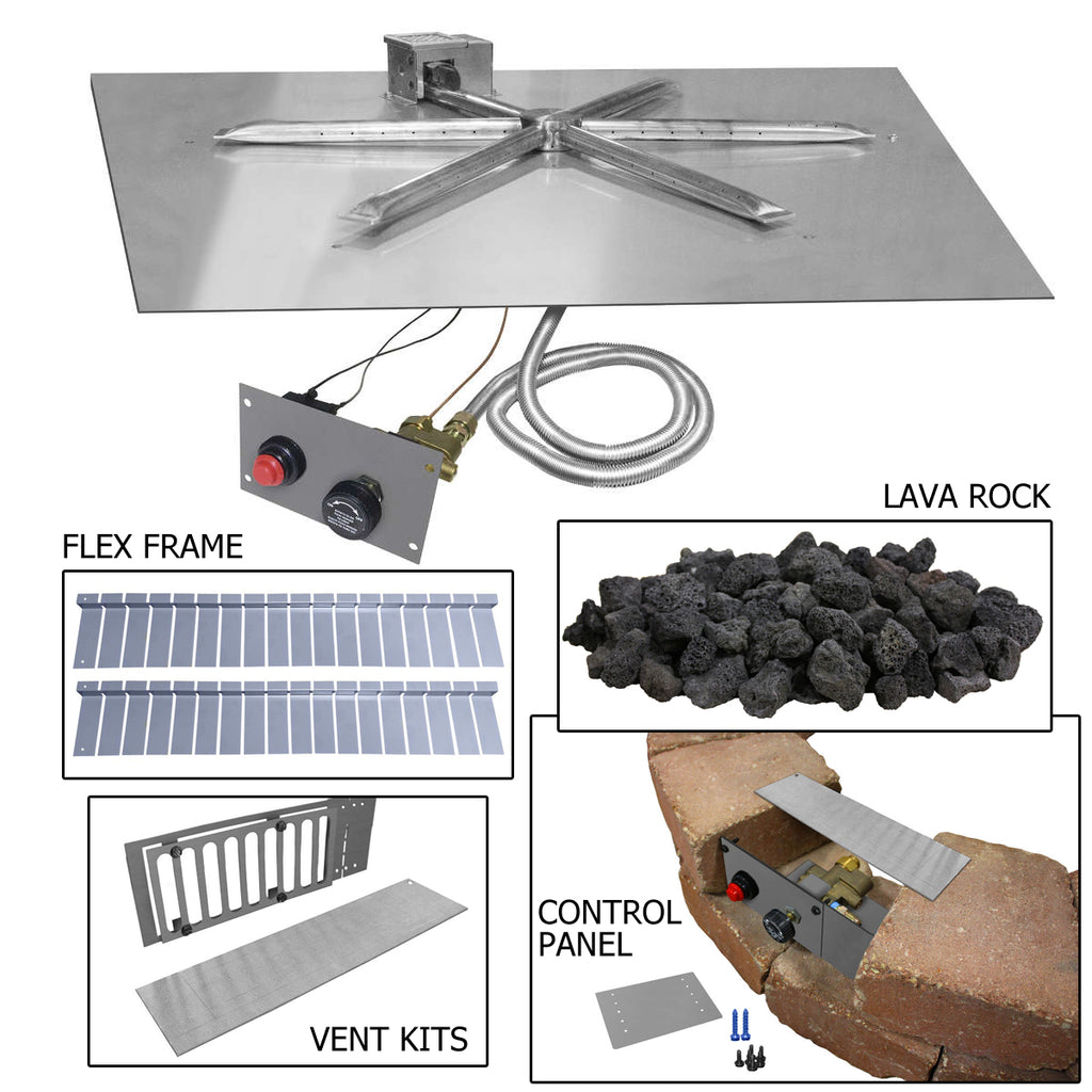 Square stainless steel gas fire pit burner kit with control panel, vent parts, lava rock