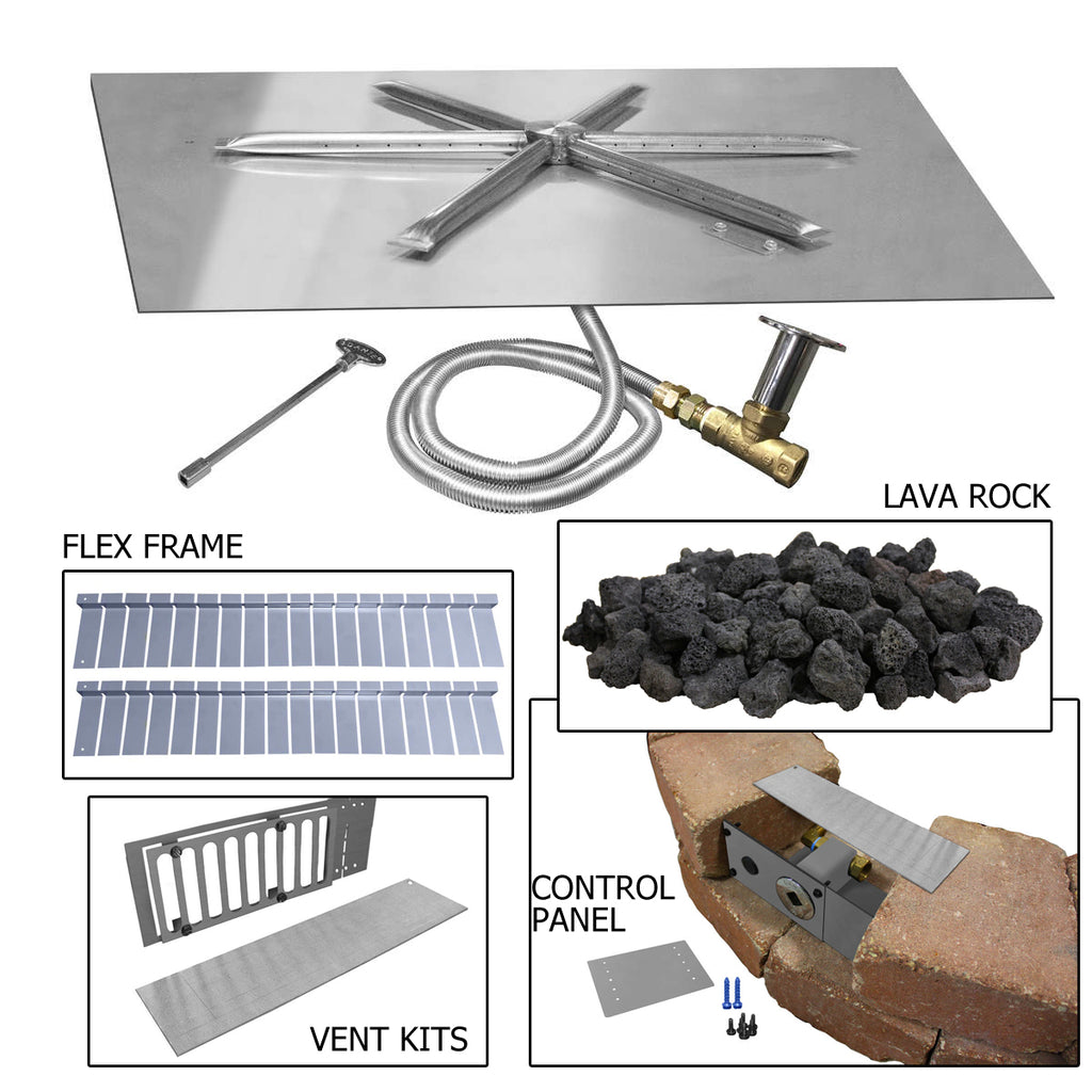 Square stainless steel gas fire pit burner kit with burner cross, hose, valve, lava rock