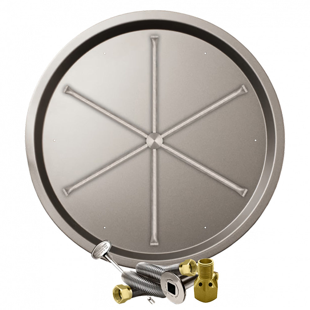 Round drop pan and gas burner assembly with cross-style burner head and igniter lead
