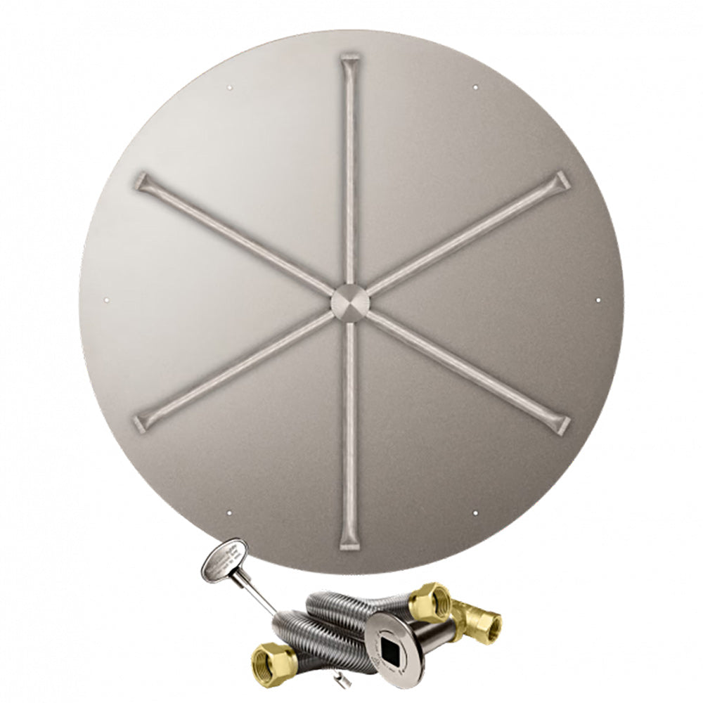 Stainless steel round gas burner pan with cross-spoke head and ignition manifold