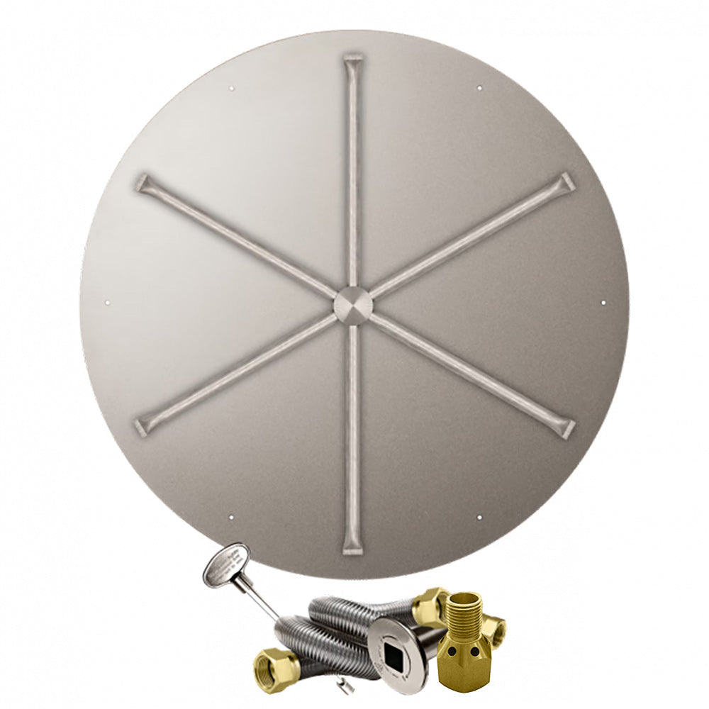 Round burner pan with cross-spur layout and brass gas valve connector kit