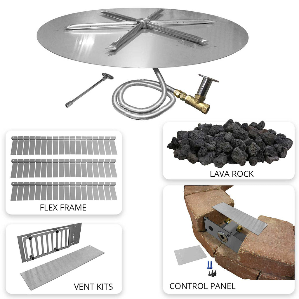 Round stainless steel gas fire pit burner kit with hoses, control valve, vent kits