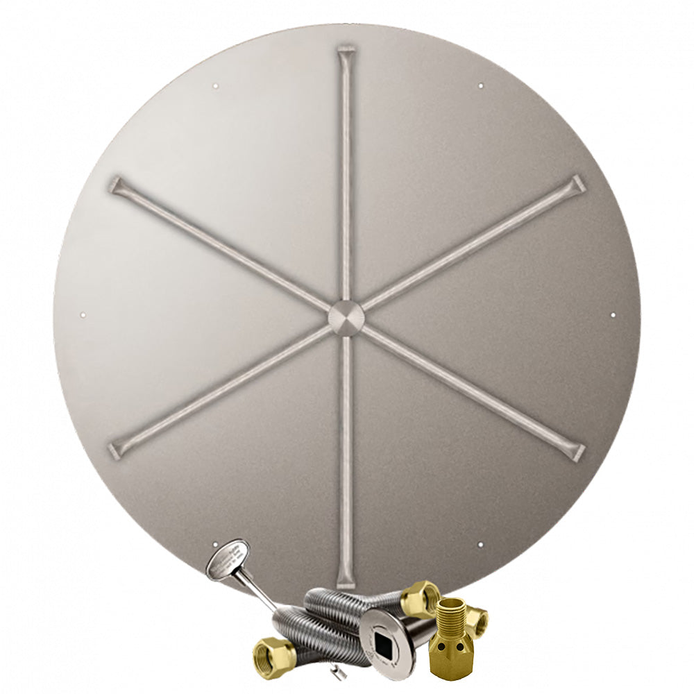 Round metal burner pan with central cross-shaped spurs and gas ignition hardware