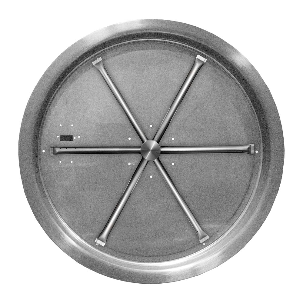 Stainless steel round burner with central hub and radiating gas ports