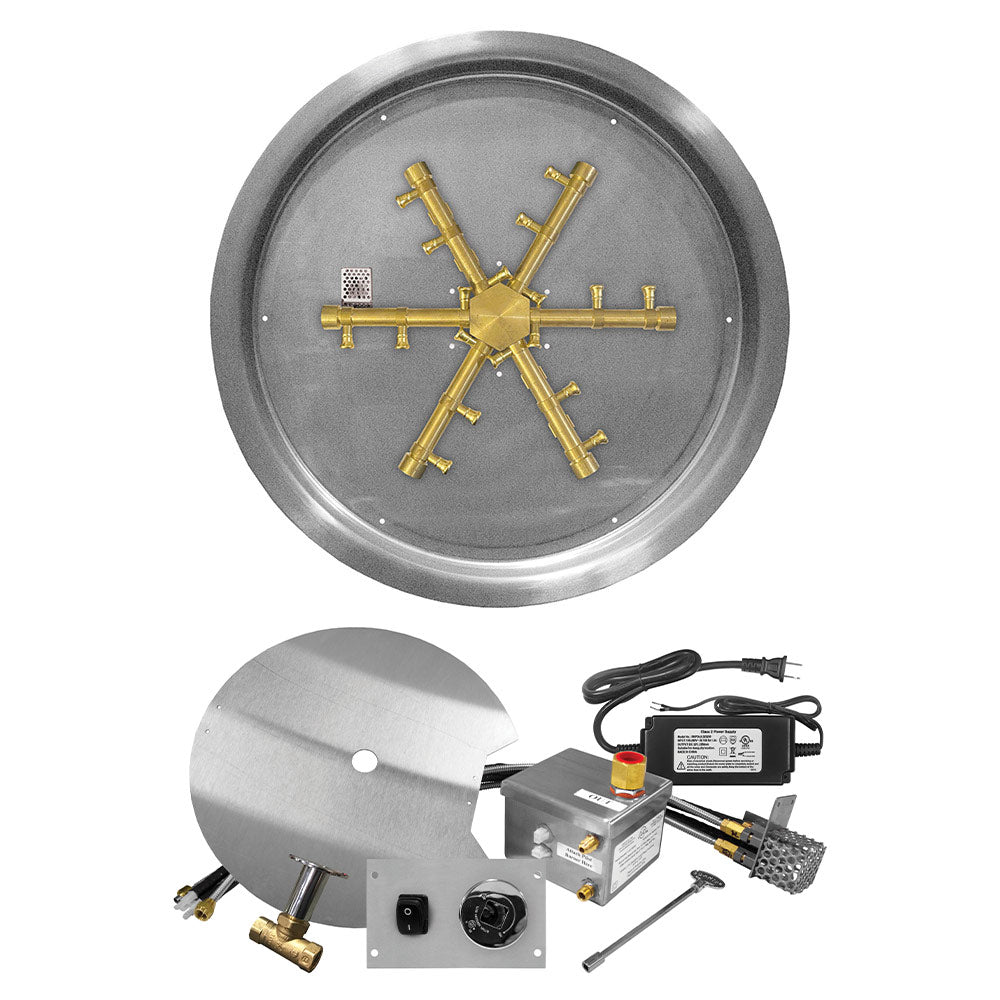 Gas fire pit burner kit with brass burner spur and round drop pan, front view