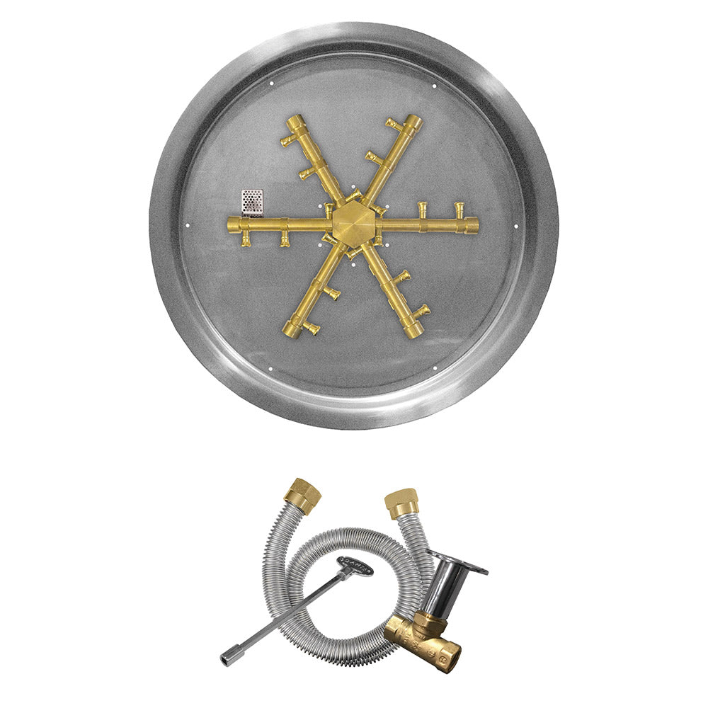 Round drop pan gas fire pit burner with brass match-light spur and cross igniter