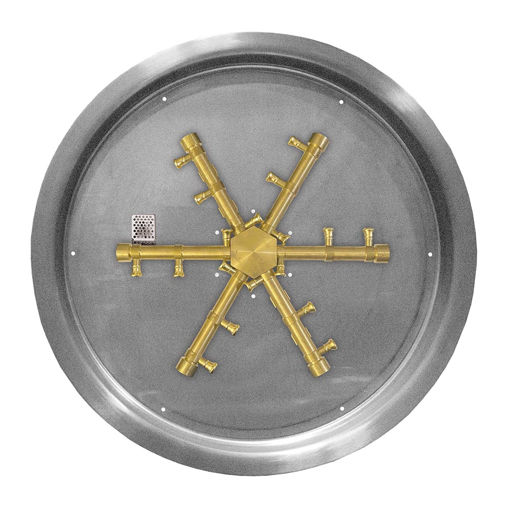 Gas fire pit burner kit with round drop pan and brass burner spurs, top view