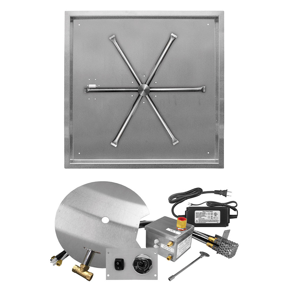 Stainless steel gas fire pit burner kit base with cross-shaped burner and control components