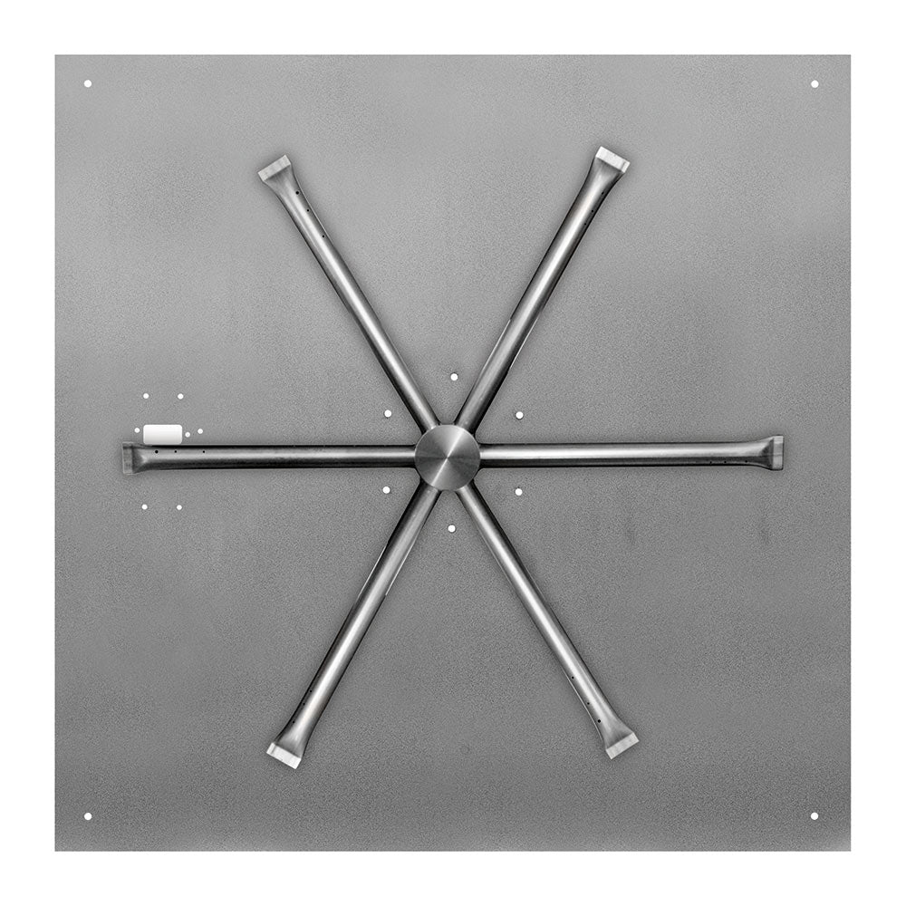 Stainless steel burner cross with central hub on square base plate