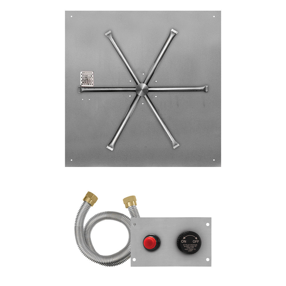 Firegear FPB-SFBSTPSI Flame Sensing Spark Ignition Gas Fire Pit Burner Kit with Square Flat Pan & Stainless Steel Burning Spur