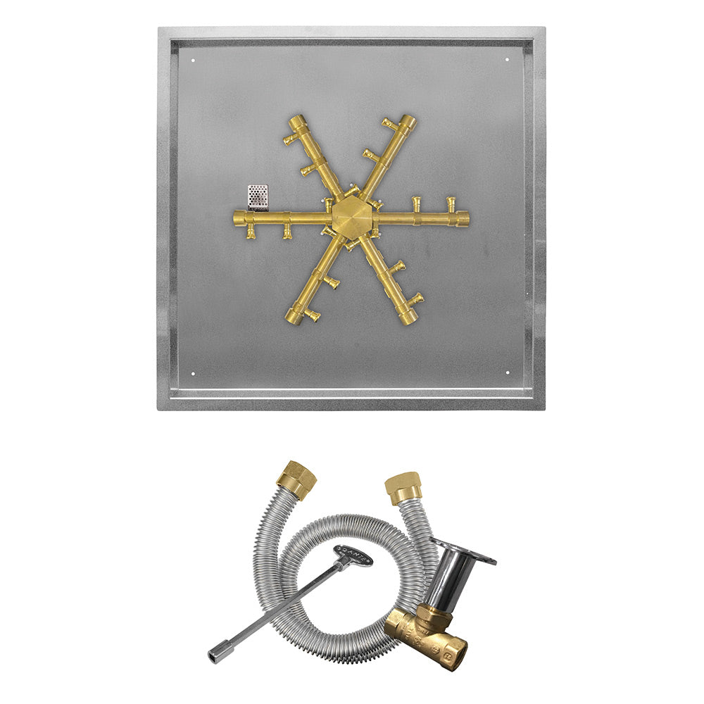 Brass gas fire pit burner assembly with match ignition on square drop pan