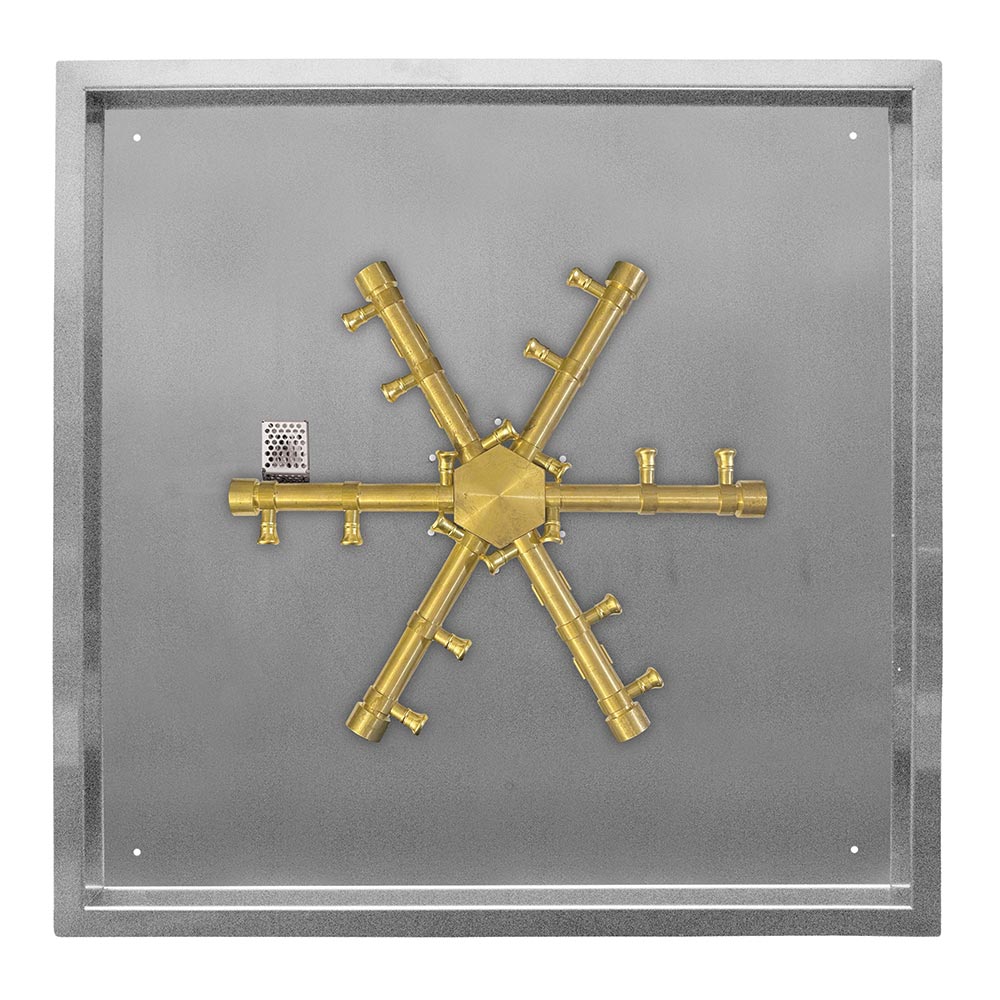 Brass match-light burner assembly on square metal drop pan
