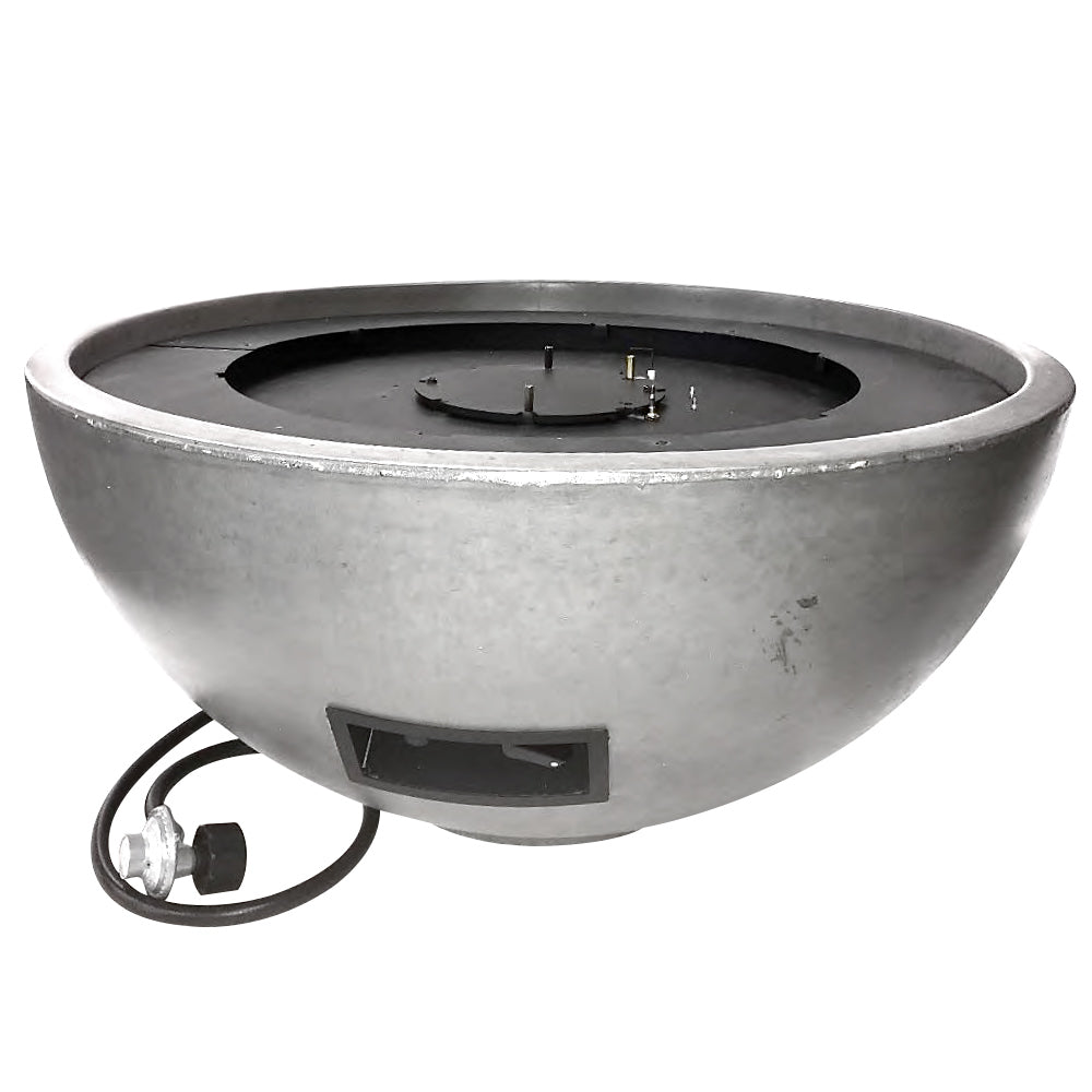 Round gas fire bowl with exposed burner assembly in center, gray exterior