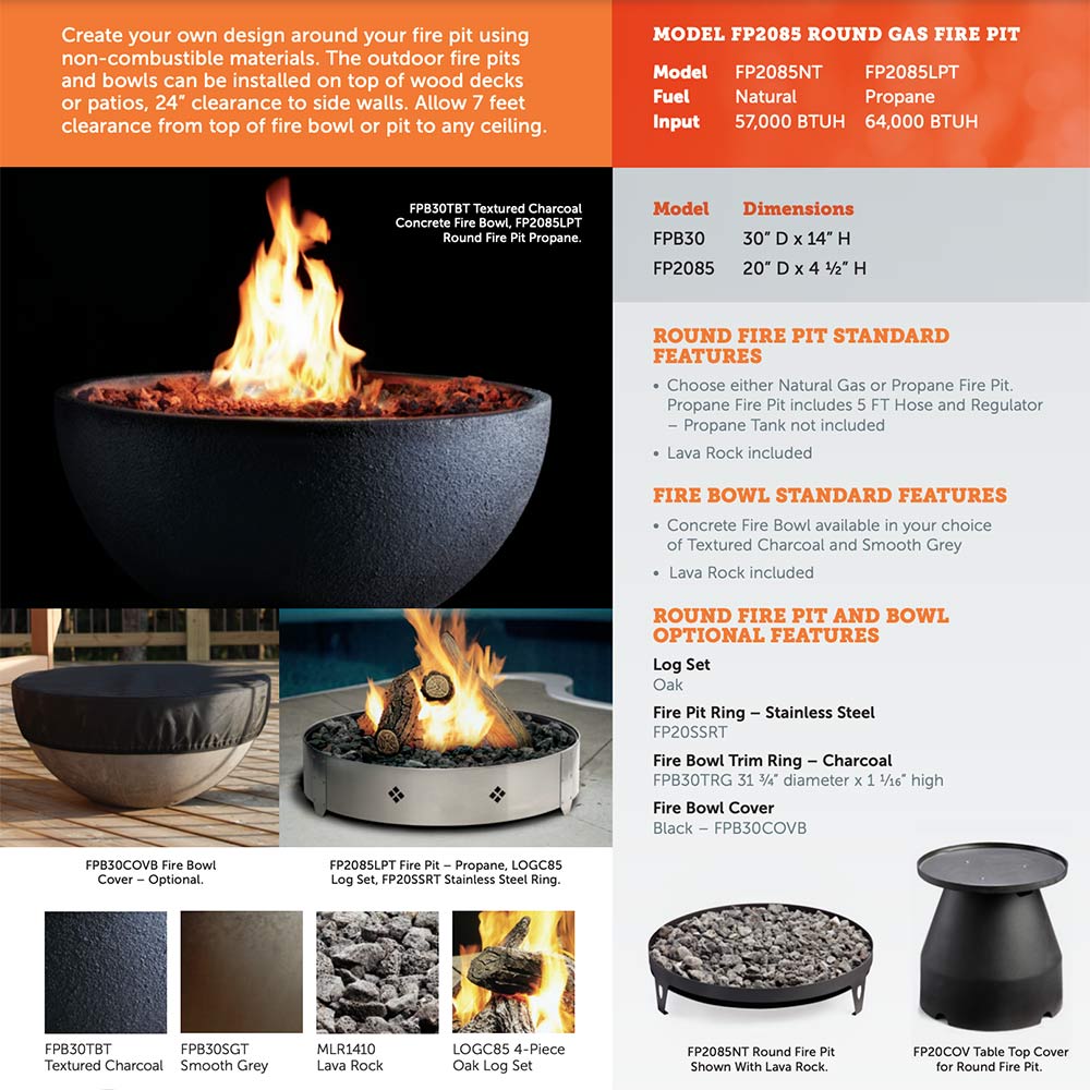 Gas fire pit with round bowl and flames over lava rock on outdoor deck
