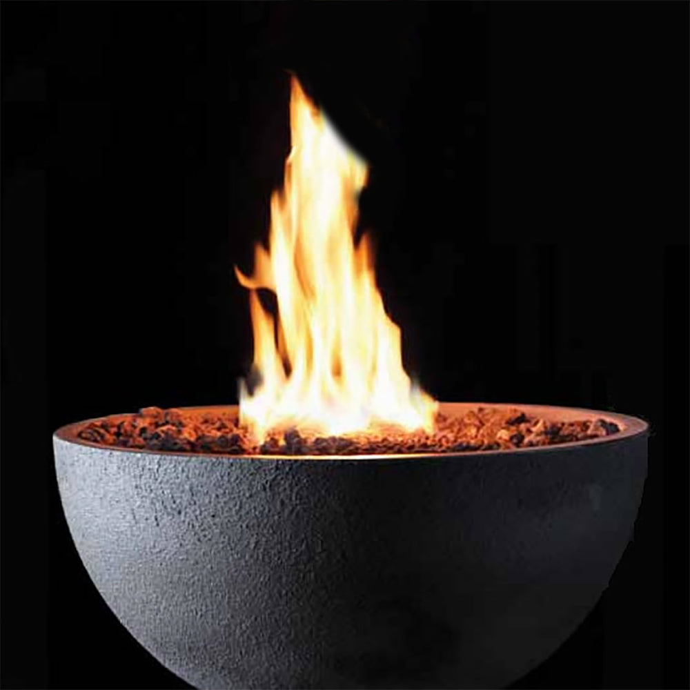 Round gas fire bowl with tall flames rising from lava rock, dark gray bowl