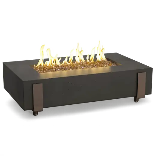 Rectangle propane fire table with black finish and fire glass media
