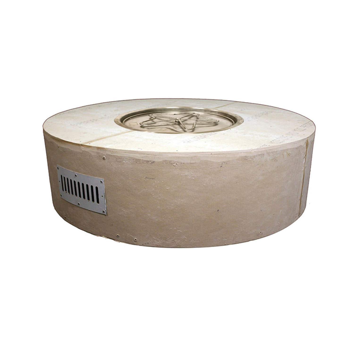 Unfinished round fire pit enclosure with side vent and circular burner grate on top