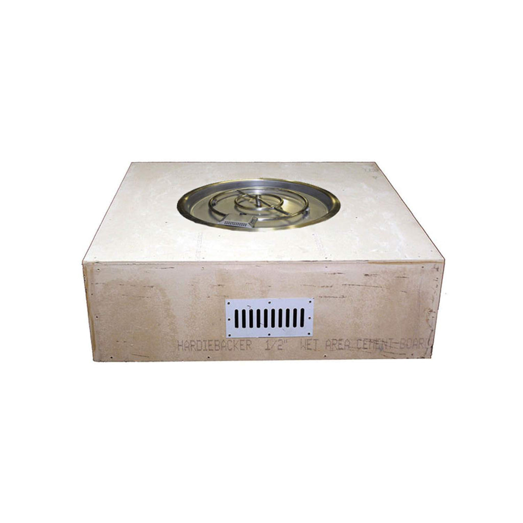 Unfinished square fire pit enclosure with burner cap inside the round opening