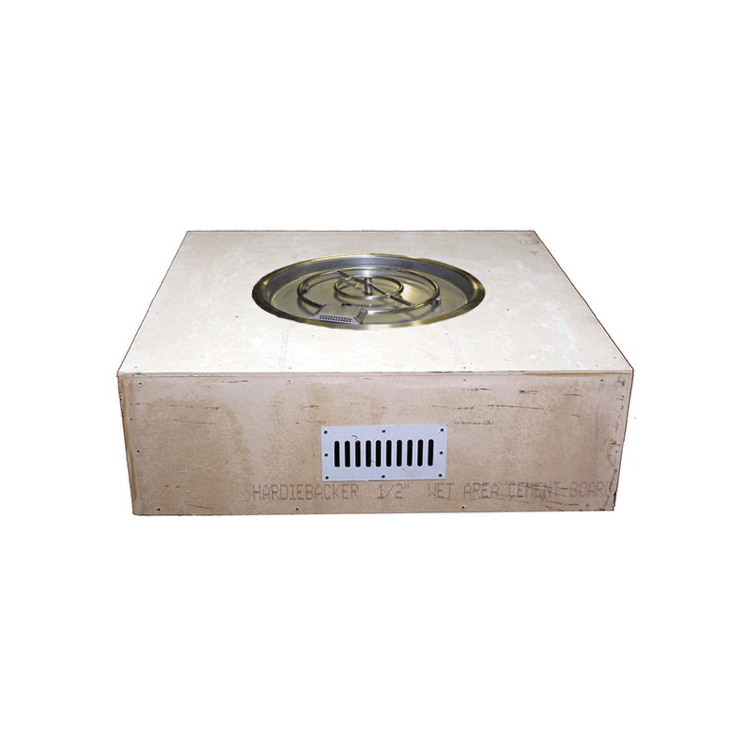 Unfinished square fire pit enclosure with burner cap inside the round opening