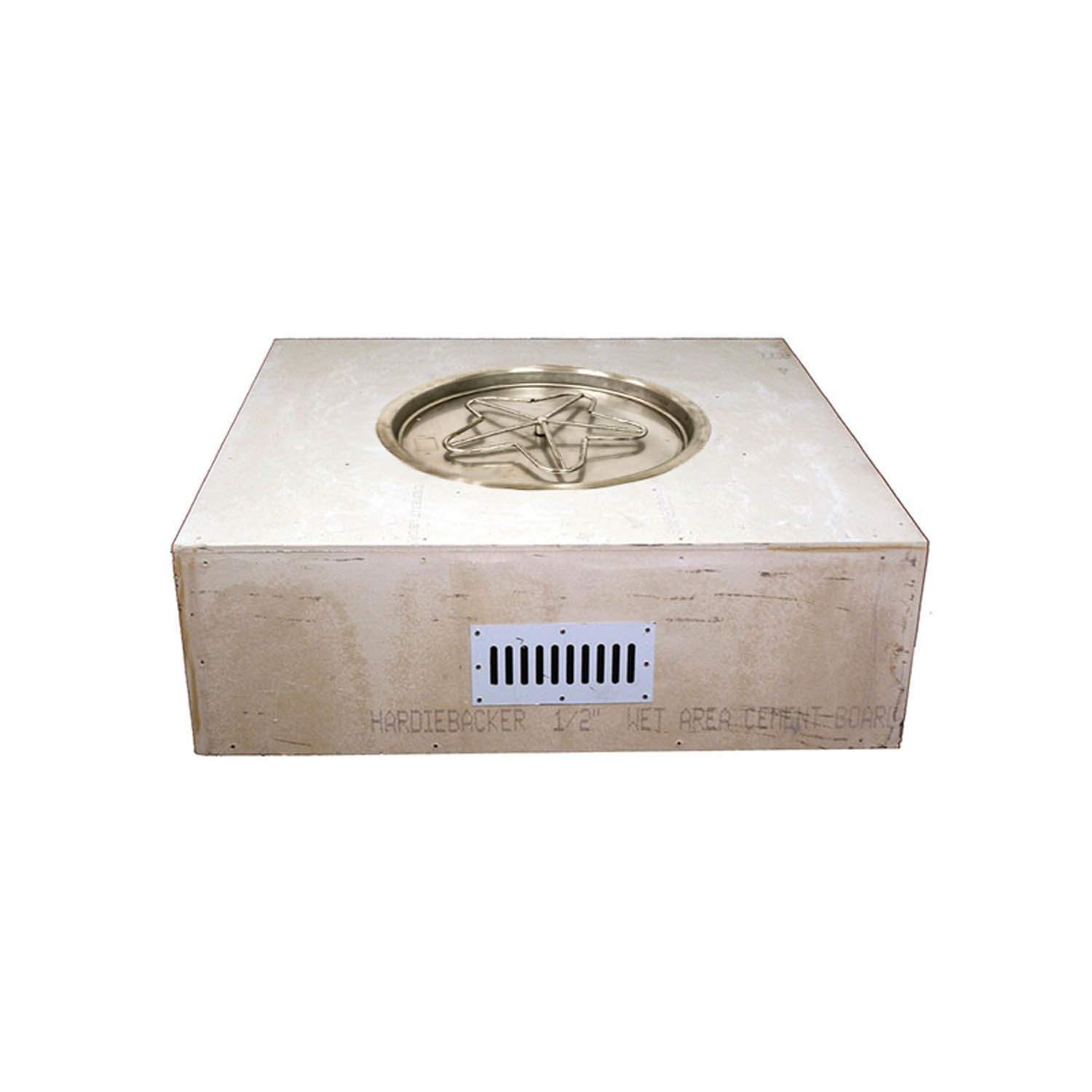 Unfinished square fire pit enclosure with circular burner top and front vent
