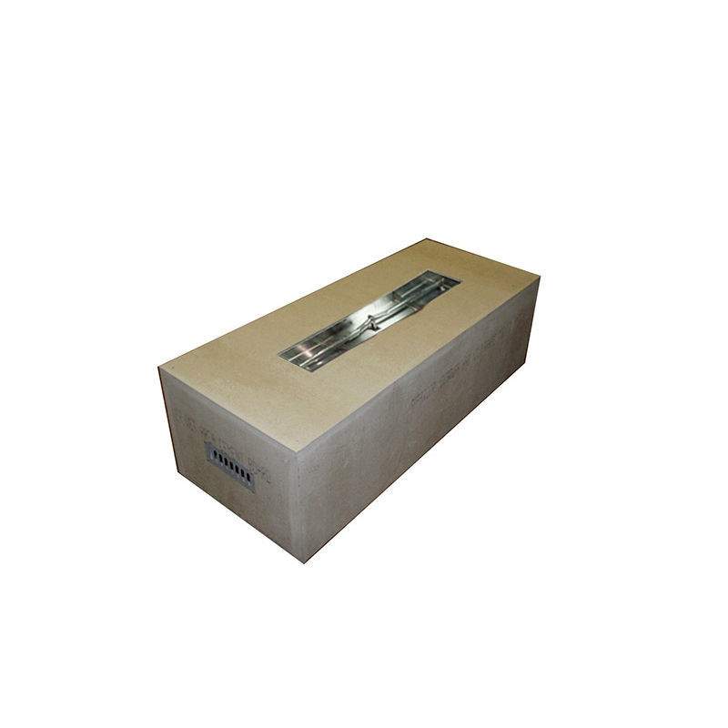 Rectangular fire pit enclosure with metal burner tray visible in long slot, concrete finish