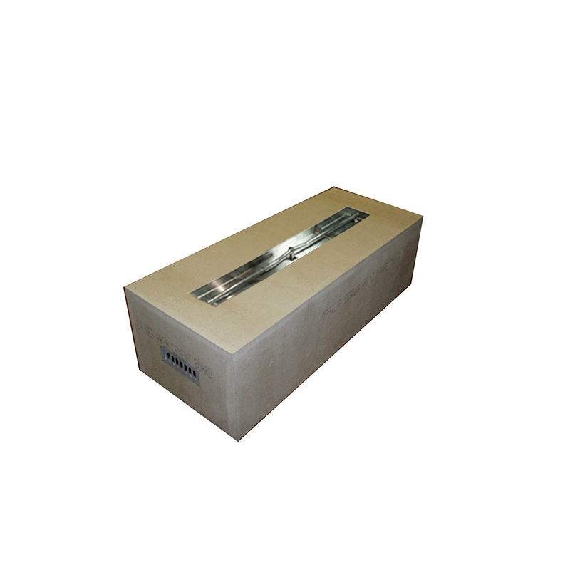 Rectangular fire pit enclosure with stainless burner pan insert, gray metal