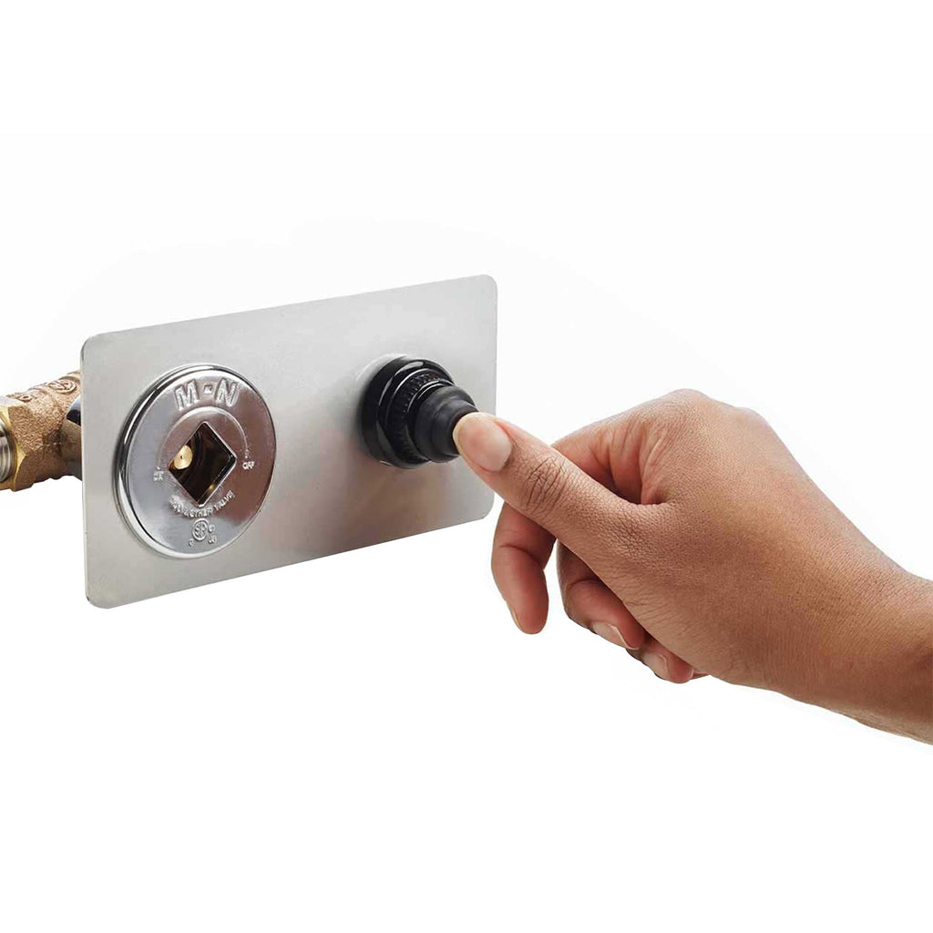 Fire pit push-button control switch panel with black knob and gas connection