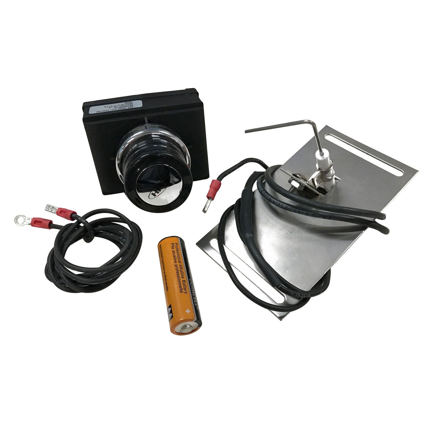 Fire push-button ignition kit with control housing, wires, and mounting bracket