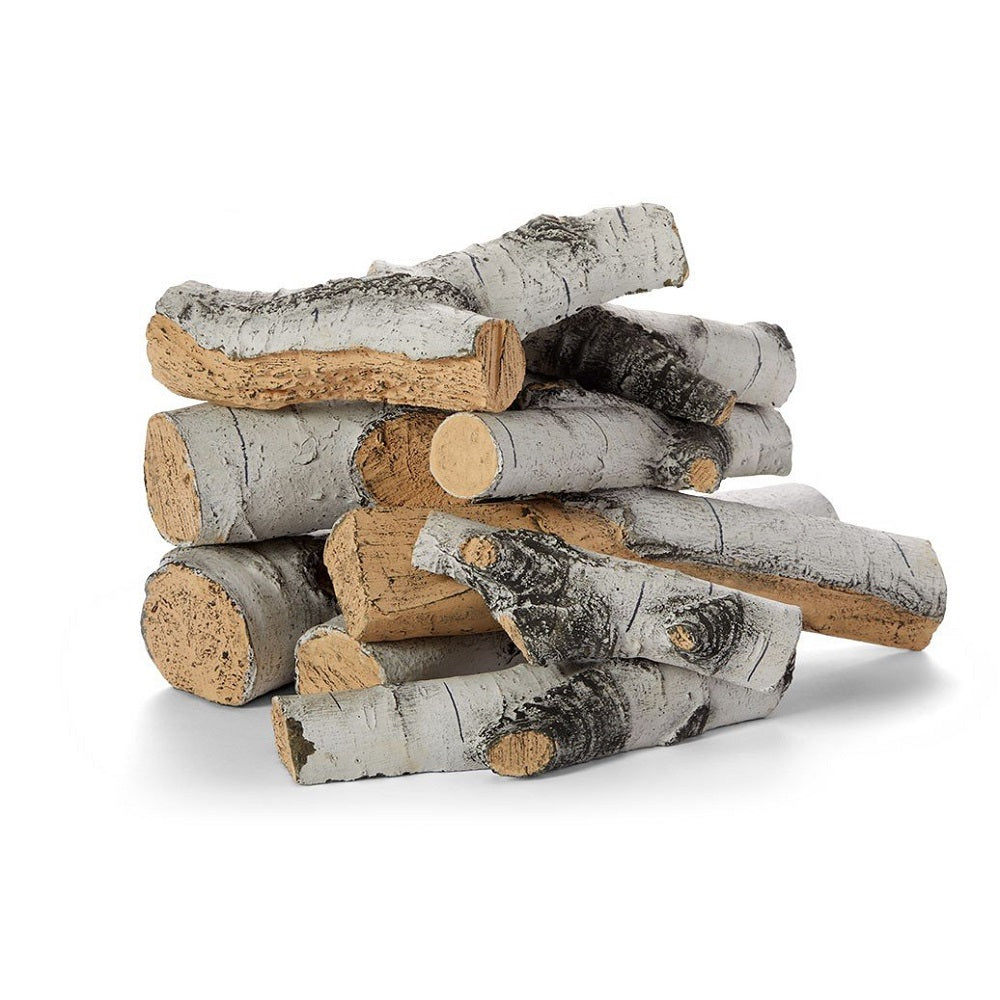 Outdoor gas log set with faux concrete logs in gray and tan, 16 pieces
