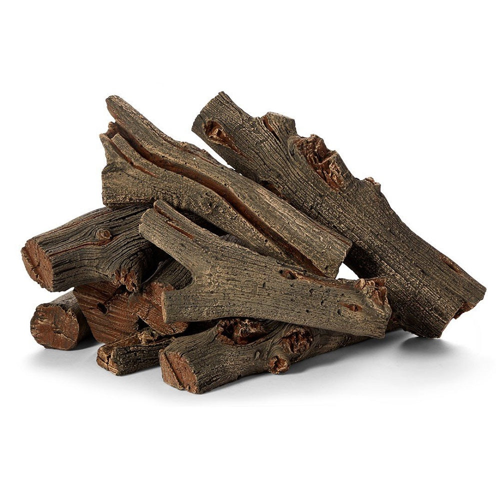 Outdoor concrete gas log set with driftwood-style faux wood logs in dark brown