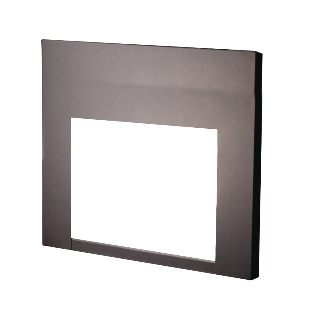 Gas fireplace facade panel in dark gray metal, rectangular opening