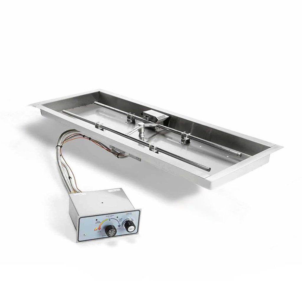 Rectangular stainless steel gas fire pit burner pan with control box and ignition wires
