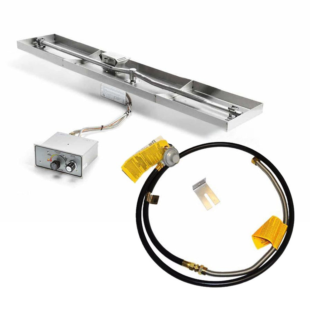 Linear gas fire pit kit with flexible gas hose, regulator, and control box
