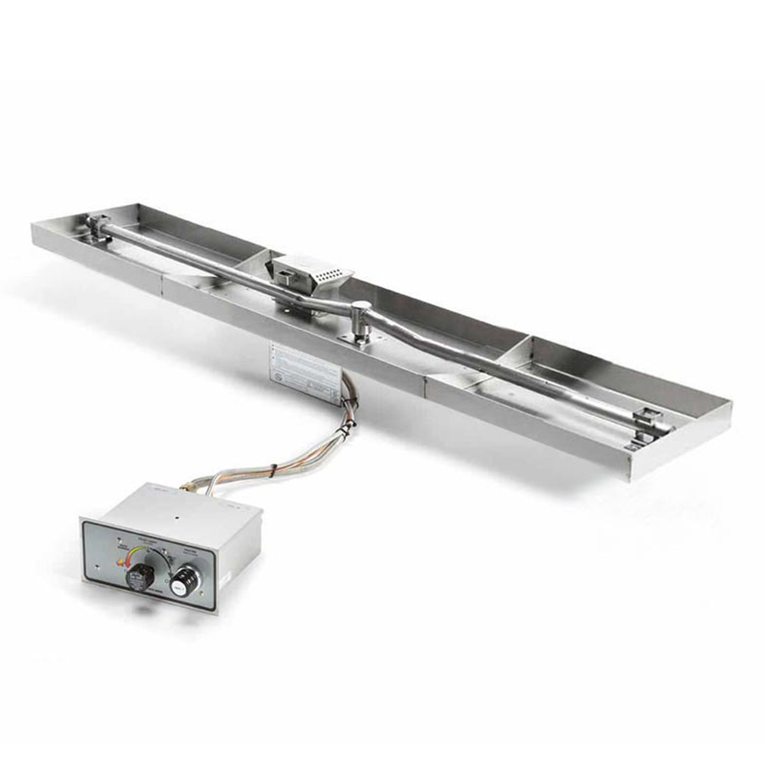 Rectangular linear burner pan kit with control box and attached wiring