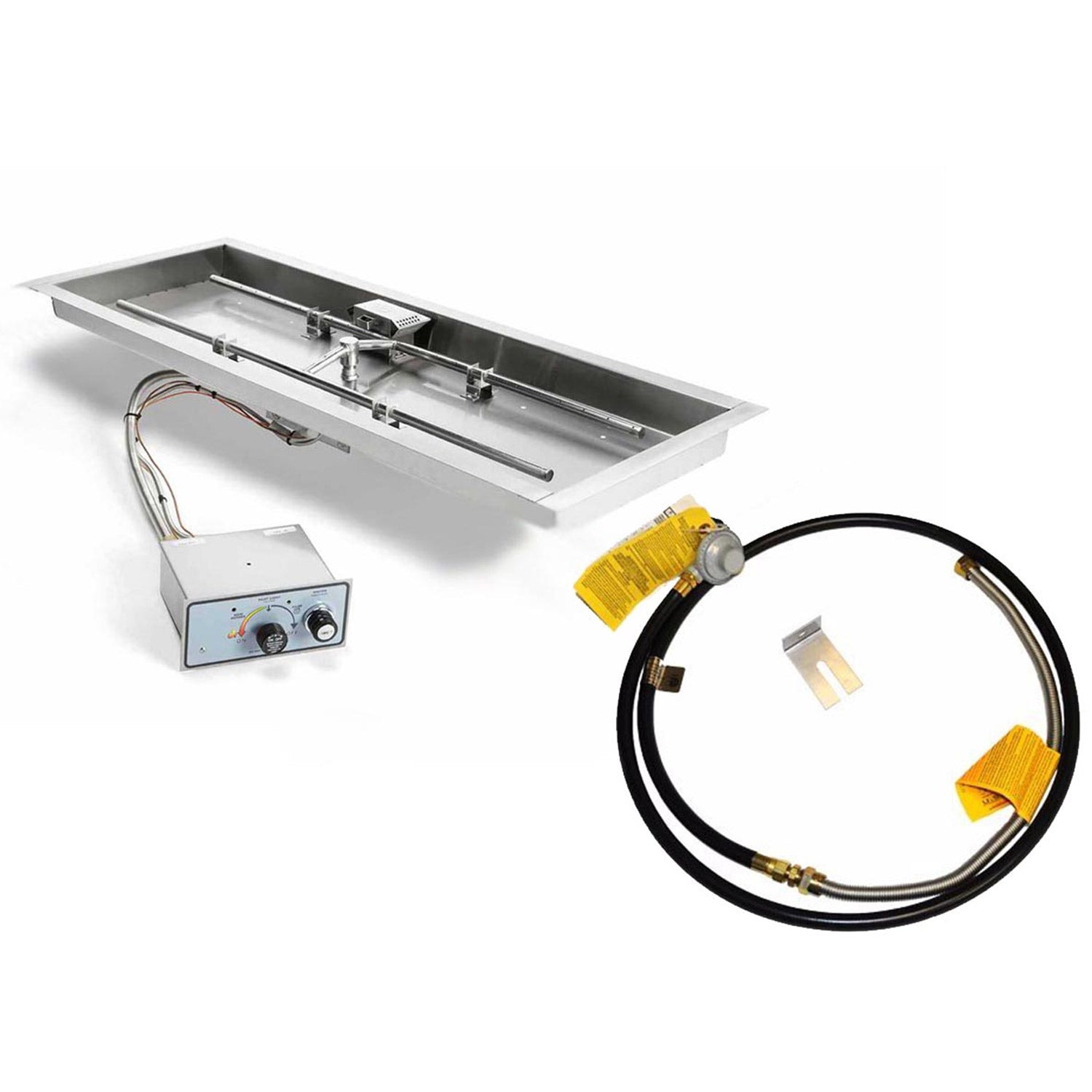 Rectangular gas fire pit burner pan kit with control box and black gas hose